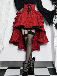 Skirts Rock Punk Short Front Long Back Harajuku Midi Ruffle Skirt Red High Low Women Steampunk Gothic Costume Cosplay
