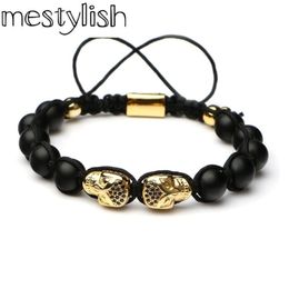 Mestylish Double Skull Nature Stone Beads Braiding Macrame bracelet Skeleton Knit Handmade for Men Jewellery Pulsera228e