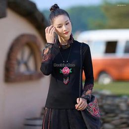 Ethnic Clothing 2024 Chinese Style Autumn And Winter Solid Colour High-neck Cuff Embroidery Slimming Bottom Shirt All Top T-shirt S836