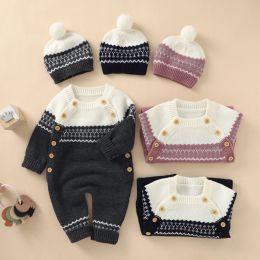 Jackets FOCUSNORM 2021 Winter Baby Girls Boys Knit Jumpsuit Beanies Hats 2pcs Printed Long Sleeve Button Warm Rompers 018M