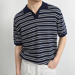Men's Polos 2024 Summer Knitting Polo Shirt Korean Fashion Simple Retro Stripe Short Sleeve Lapel Business Casual Top T-Shirt