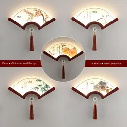 Wall Lamp Chinese Mural Fan-shaped LED Solid Wood Porch For Living Room Background Bedroom Bedside Aisle