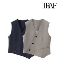 TRAF Women Fashion Asymmetric Front Button Waistcoat Vintage Sleeveless Back Tap Female Outerwear Chic Vest Tops 240228