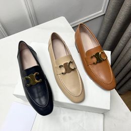 golden Buckle decoration loafers Dress shoes Apron toes Slip-on flat shoes Genuine Leather women luxury Women's Office leather shoes Size 35-42