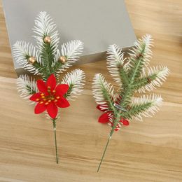 Decorative Flowers 2pcs Christmas Tree Artificial Flower Branch Holly Berry Pinecone White-edged Pine Needles Decor Year Thanksgiving