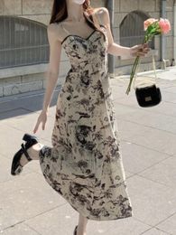 Casual Dresses French Elegant Floral Strap Dress Vintage Midi Women Party Even Slim Printed Clothing Korean Summer Outfits Office Lady