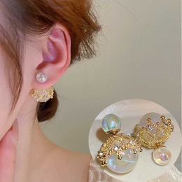 Earrings New Elegant Two-sided Pearl Ear Stud Earrings for Women Luxury Baroque Pearls Crystal Ball Earring Wedding Party Jewellery Gifts 230831