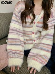 KOSAHIKI Rainbow Striped Cardigan Women Kawaii Heart Button Japanese Soft Sweet Knitted Sweater Coat Harajuku Y2k Kardigany 240219
