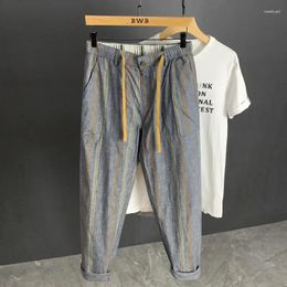 Men's Pants Korean Men Clothing Striped Pantalones Spring Summer Thin Loose Haren Stretch Nine-point Straight Barrel