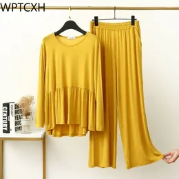 Women's Sleepwear Modal Round Neck Long Sleeve Pajamas Suit Women Spring Solid Color Loose Pleated T Shirt Casual Wide Leg Pants Two Piece