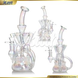 Recycler Dab Rig Glass Bong Water Pipe Recycler Bong 9.5 Inches 14mm Joint Holographic Rainbow Showerhead Perc Water Bong for Smoking 2024 New