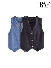 TRAF Summer Women Fashion Front Button Denim Waistcoat Vintage V Neck Sleeveless Female Outerwear Chic Tops 240228