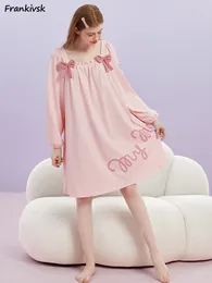 Women's Sleepwear Nightgowns Women Sweet Bow-design Chic Loose Cozy Simple Long Sleeve All-match Aesthetic Leisure Knee-length Summer