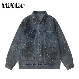 Men's Vintage Denim Jackets Casual Diamond Printed Loose Jeans Jacket Coat Male Fashion Brand Mens Streetwear Spring Ropa Hombre 240228