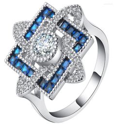 Wedding Rings UFOORO Amazing Blue Zircon Stone Square Flower White Gold Filled Jewellery Fashion Engagement Ring For Women Female1426661