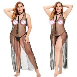 Women's Sleepwear Women Sling Nightwear DressDeep V-Neck See-Through Decoration Bandage High Waist Summer Mesh Maxi