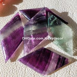 Natural Rainbow Fluorite Diamond Shape Carving Unique Gift Polished Beautiful Colorful Quartz Crystal Gemstone Rhombus Sculpture Healing Reiki Witchy Desk Decor