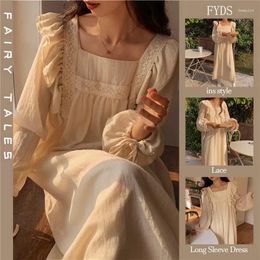 Women's Sleepwear KoreaSweet Lovely Ruffled Thin Square Neck Nightdress Lace Edge Cotton Linen Breathable Long Sleeve Dress Casual Women