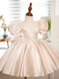 Girl Dresses Simple Flower Dress For Wedding Satin Short Sleeve With Big Bow Evening Kids Birthday Party First Communion Ball Gown