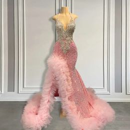 Long Pink Prom Dresses for Black Girl with Ruffle Side Slit Sparkly Crystal Beaded Mermaid Graduation Gown 2024 240226