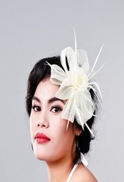 Women Fancy Feather Fascinator Hat beige Wedding Hats and Fascinators White Net Hair Accessories for Bridal Woman MD3626504