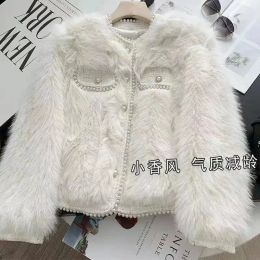 Fur White Imitation Fox Fur Grass Coat For Women's Autumn Winter Short Down Cotton Jacket Fashion Pearl Button Fur Coat Quilted