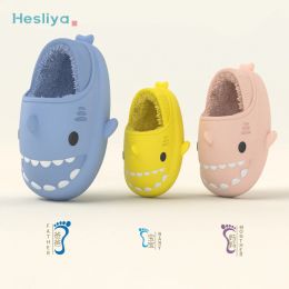 Outdoor Warm Cotton Shark Slippers ParentsKid's Slides Winter Plush Thermal Slippers Baby Waterproof Thick Bottom Bag Root Cotton Shoes