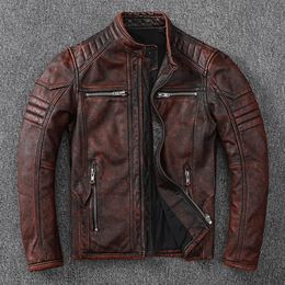 Vintage Motorcycle Jackets Men Leather Jacket 100% Genuine Cowhide Leather Coat Male Biker Clothing Autumn Asian Size S-5XL M696 240228