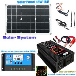 Solar Peak 6000W Inverter 18W 18V Solar Panel System Kit Car Power Battery Charger Controller DC12V to 110V 220V Camping Outdoor