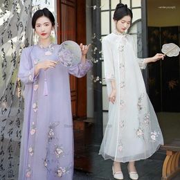 Ethnic Clothing 2024 Chinese Improved Qipao Chiffon Dress Cheongsam National Flower Embroidery A-line Oriental Banquet Party Evening