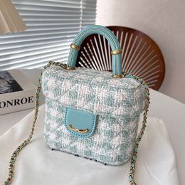 Women Designer Colourful Tweed Makeup Bag Vanity Box Portable Handle 14x13cm Stripes Knitting Pattern Carved Gold Hardware Matelasse Chain Cross Shoulder Handbag