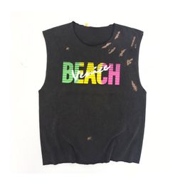 Summer Men's Tees High Street Hip Hop Washed Old Beach Vest Vintage Short Sleeve Tshirts