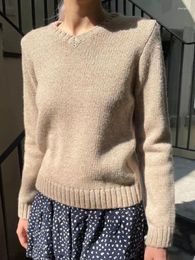 Women's Sweaters Vintage Khaki V Neck Knitted Women Sweet Cotton Colourful Thread Long Sleeve Pullovers Sweater Harajuku Cute Slim Tops