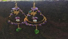 Dangle Chandelier Purple Mushroom Standing On Moon With Leaf Amythest Earrings Cottagecore Jewellery Witchy BohoDangle9202643