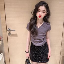 Clothing Sets Summer Teenage Girls Two Pieces V-Neck Tshirts Mini Skirt With Sequined Short Sleeve Cool Kids Clothes Suits