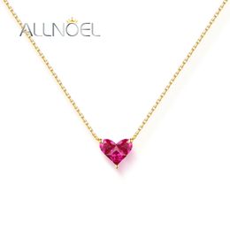 ANLLNOEL Solid 18K Gold Necklace For Women Red Corundum Heart Sweet Romance Anniversary Gifts K Gold Jewellery 9K 14K Gold Pendant 240220