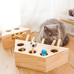 Toys Cat Hunt Toy Chase Mouse Solid Wooden Interactive Maze Brain Game Pet Hit Hamster With 3/5holed Mouse Hole Catch Bite Catnip