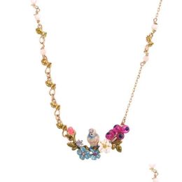 Chains Fashion Enamel Glaze Threensional Blue Tit Bird Daisy Flower Rose Necklace Branch Short Chain Female Jewellery Drop Delivery Ne Dh9Mt