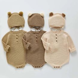 Jackets Newborn Baby Autumn Knit Jumpsuit For Boy And Girl Baby Cute Hat Sweater Romper Long Sleeve Newborn Baby Clothes Outfits