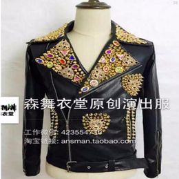 S5XL NEW Men slim jacket DJ male singer bigbang GD rivet Leather Motorcycle Jacket plus size leather coat costumes clothing7411729