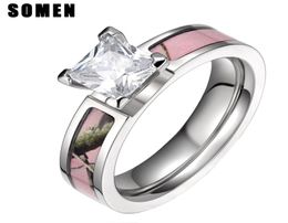 Somen Ring Women 5mm Cubic Zirconia Titanium Ring Pink Tree Camo Design Wedding Rings Women Fashion Jewellery Boho Anillos Mujer Y182041035