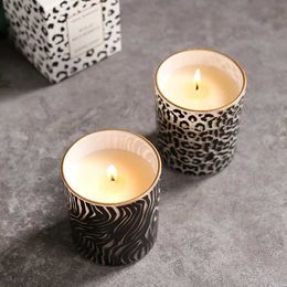 Candles Ins Leopard Patterned Glass Jar Scented Candle Essential Oils Soy Wax Candle Aromatherapy Home Decoration Birthday Xmas Gift