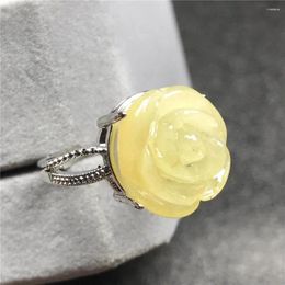 Cluster Rings 15mm Top Natural Flower Carved Yellow Amber Ring For Woman Lady Man Crystal Silver Beads Gemstone Adjustable Jewellery