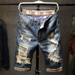 Summer Mens Ripped Short Jeans Streetwear Big Hole Fashion Vintage Blue Slim Denim Shorts Brand Clothes 240227