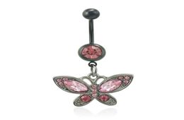 Fashion Belly Button Rings Pink Rhinestone Black Butterfly 316L Stainless Steel Sexy Navel Body Piercing Jewelry8996865