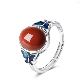 Cluster Rings Oval Cabochon Natural South Red Agate Stone Ring 925 Sterling Silver Double Blue Enamel Butterfly Gemstone Jewellery For Women