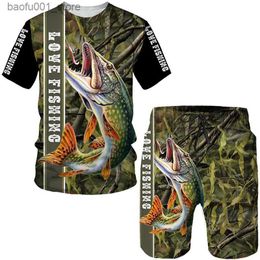 Men's Tracksuits Novelty 3D fish print mens and womens T-shirt/shorts/set Harajuku camouflage fishing hunting camping suit fashion outdoor sportswear set Q240228