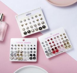 Stud Earrings Explosive Card Paper 20 Pairs Of Black And White Rhinestone Pearl Combination Earring Set Female Whole4024101