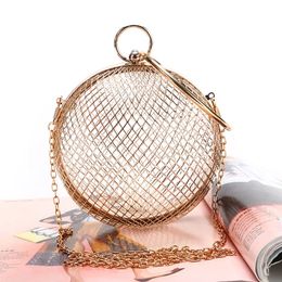 Gold Metal Clutch Bag Luxury Handbags Women Bags Designer Round Mini Hollow Purse Ladies Hand Prom Chain Crossbody 240223