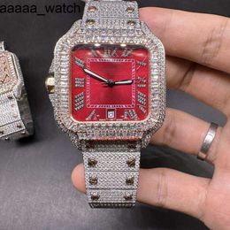 Cartiiers Diamonds watch 1FOY Mens 2Tone Rose Gold Ice Red Face Blue Face Square Bezel Trend Hip Hop Automatic Movement